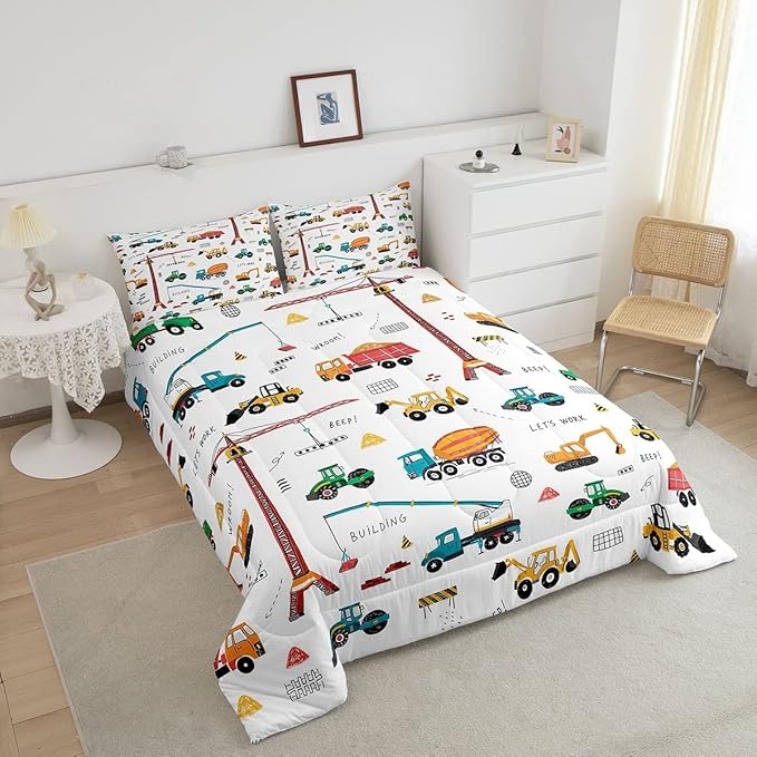 Heavy Machinery Truck Bedding Set Tractor Crane Comforter Set for Kids Boys Girls Youth Construction Site Comforter Nursery Decor Quilt Set Room 3Pcs Full Size - LeafyLoom