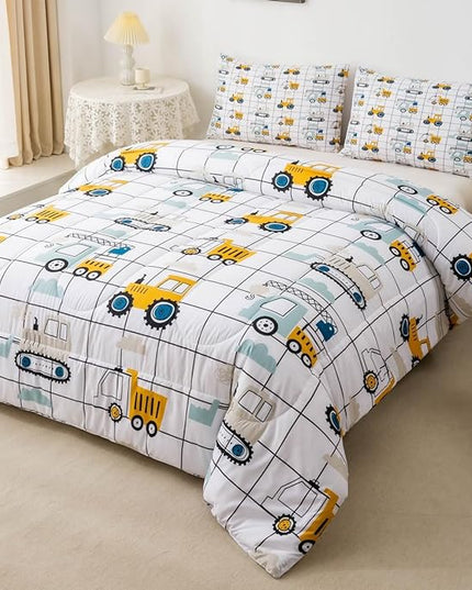 Feelyou Construction Truck Comforter Set Full Size Kids Machinery Truck Excavators Vehicles Comforter for Boys Teens Cartoon Tractor Bedding Set Excavator Tractor Plaid Grid White Duvet Set Quilt Set - LeafyLoom