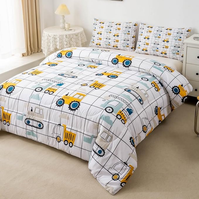 Feelyou Construction Truck Comforter Set Full Size Kids Machinery Truck Excavators Vehicles Comforter for Boys Teens Cartoon Tractor Bedding Set Excavator Tractor Plaid Grid White Duvet Set Quilt Set - LeafyLoom