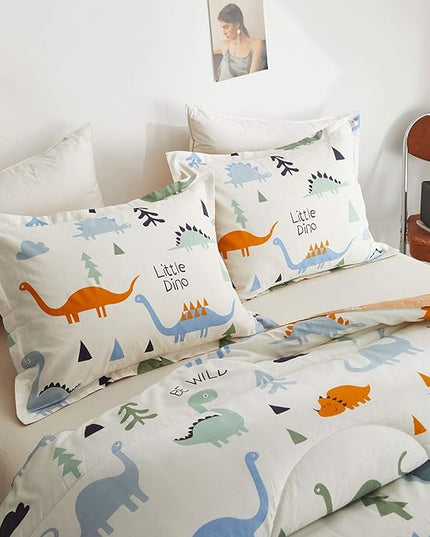 Joyreap 3pcs Cotton Comforter Set for Kids, Dinosaur Twin Size Cotton Bedding Comforter for Boys Girls, White n Orange Reversible Design, Soft n Cozy Comforter for All Season- 68x88 inches - LeafyLoom