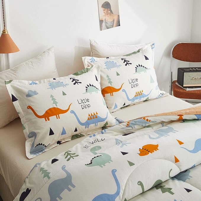 Joyreap 3pcs Cotton Comforter Set for Kids, Dinosaur Twin Size Cotton Bedding Comforter for Boys Girls, White n Orange Reversible Design, Soft n Cozy Comforter for All Season- 68x88 inches - LeafyLoom
