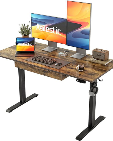 Adjustable Height Electric Standing Desk with Storage Wooden Drawer, 48 x 24 Inches Stand Up Home Office Computer Gaming Table with Splice Board for Work Office Home, Rustic Brown - LeafyLoom