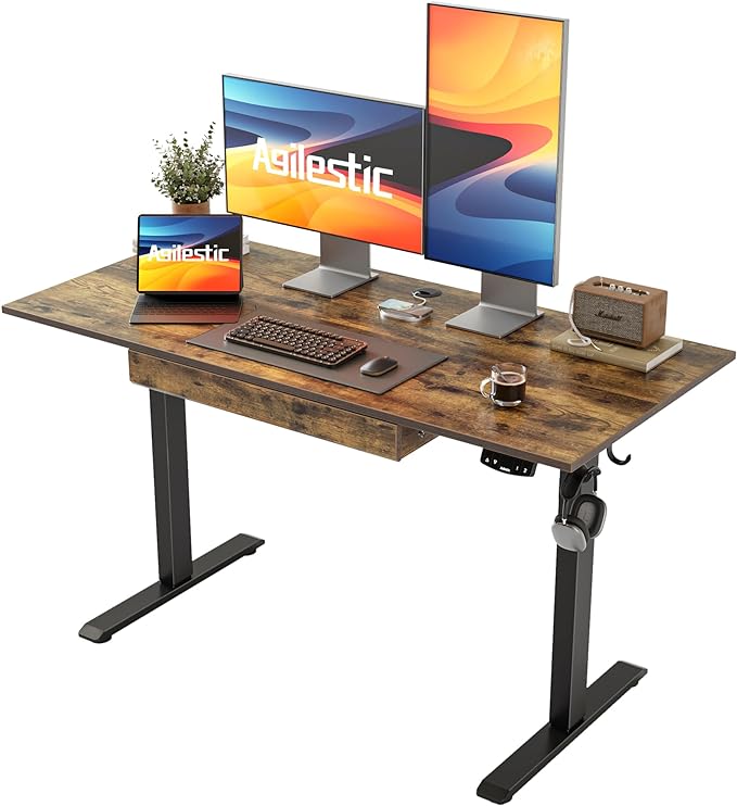 Adjustable Height Electric Standing Desk with Storage Wooden Drawer, 48 x 24 Inches Stand Up Home Office Computer Gaming Table with Splice Board for Work Office Home, Rustic Brown - LeafyLoom