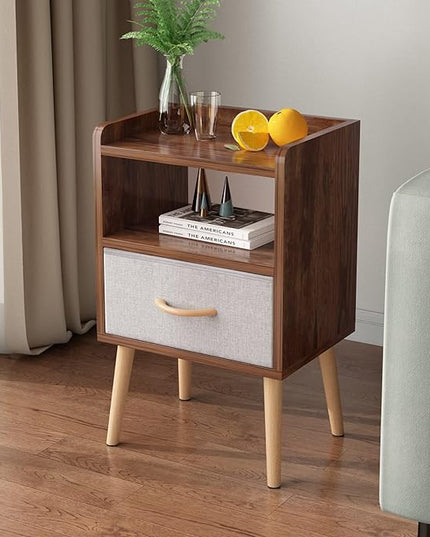 LUCKNOCK NightStand with Fabric Drawer, Bedside Table with Solid Wood Legs, Minimalist and Practical End Side Table with Open Storage Shelf for Bedroom, Rustic Brown. - LeafyLoom