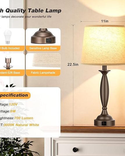Beige Brown Lamps for Bedrooms Set of 2 - Touch Control Bedside Lamp with USB C+A, 3 Way Dimmable Nightstand Lamps with USB Port, Table Lamp for Living Room(Beige Shade and Brown Base) - LeafyLoom