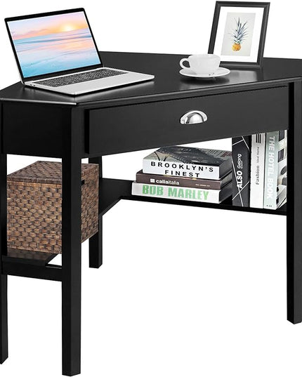 Nightcore Small, Wood Computer Desk, Compact Writing w/Drawer & Storage Shelves, Space Saving Study Workstation, Laptop PC Corner Table, Black - LeafyLoom