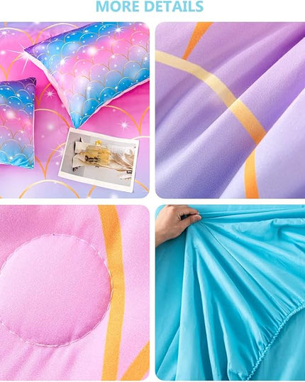 PERFEMET Pink Mermaid Comforter Set Full Size 6 Pieces Bed in A Bag Colorful Rainbow Bedding Set for Teens Girls 3D Sparkly Glitter Ombre Bed Set with Comforter and Sheets (Pink Mermaid, Full) - LeafyLoom
