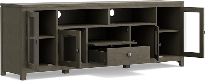 SIMPLIHOME Cosmopolitan SOLID WOOD Universal TV Media Stand, 72 inch Wide, Contemporary, Living Room Entertainment Center with Storage, for Flat Screen TVs up to 80 inches in Farmhouse Grey - LeafyLoom