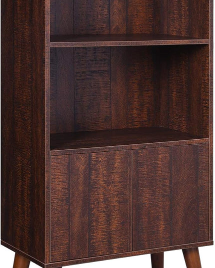 VASAGLE Bookcase, 2-Tier Retro Bookshelf with Doors, Storage Cabinet for Books, Photos, Decorations in Living Room, Office, Study, Mid-Century Style, Walnut Color ULBC09BY - LeafyLoom