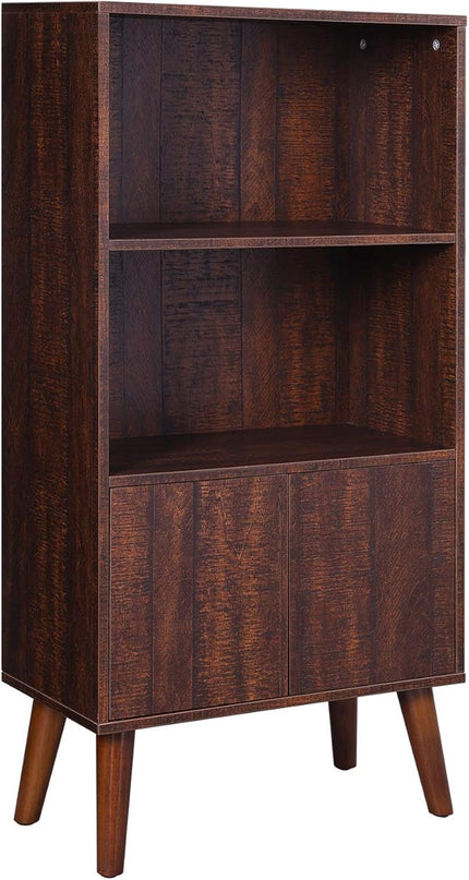 VASAGLE Bookcase, 2-Tier Retro Bookshelf with Doors, Storage Cabinet for Books, Photos, Decorations in Living Room, Office, Study, Mid-Century Style, Walnut Color ULBC09BY - LeafyLoom