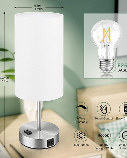 Set of 2 Touch Control Table Lamps with 2 USB Charging Ports&AC Outlet, 3-Way Dimmable Bedside Nightstand Lamps with White Fabric Lampshade for Reading, Bedroom, Living Room, A19 LED Bulbs Included - LeafyLoom