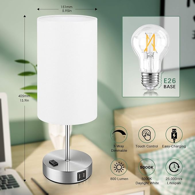 Set of 2 Touch Control Table Lamps with 2 USB Charging Ports&AC Outlet, 3-Way Dimmable Bedside Nightstand Lamps with White Fabric Lampshade for Reading, Bedroom, Living Room, A19 LED Bulbs Included - LeafyLoom