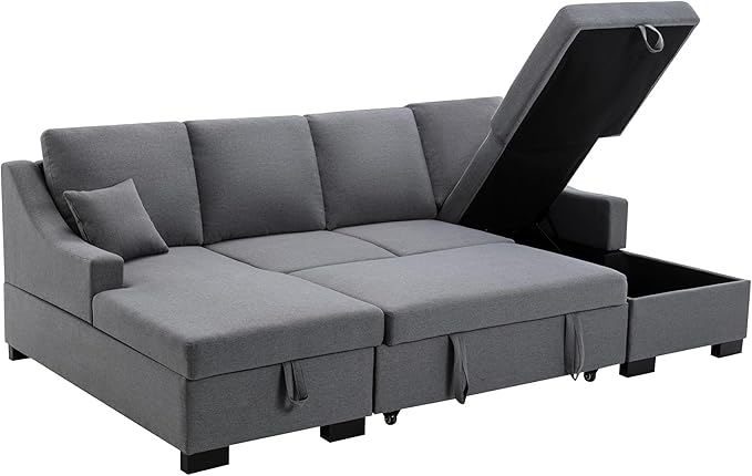 104.7" Convertible Sofa U-Shaped Storage Chaise and 2 Tossing Cushions Reversible Sectional Couch for Living Room Apartment Office, 104.7 Inch, Grey - LeafyLoom