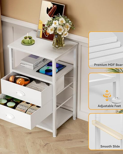 Furologee Nightstand with Charging Station, White Night Stand with LED Lights, 3-Tier Storage End Table with Fabric Drawers, Side Table with USB Ports & Outlets for Lving Room/Bedroom - LeafyLoom