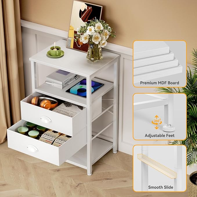 Furologee Nightstand with Charging Station, White Night Stand with LED Lights, 3-Tier Storage End Table with Fabric Drawers, Side Table with USB Ports & Outlets for Lving Room/Bedroom - LeafyLoom