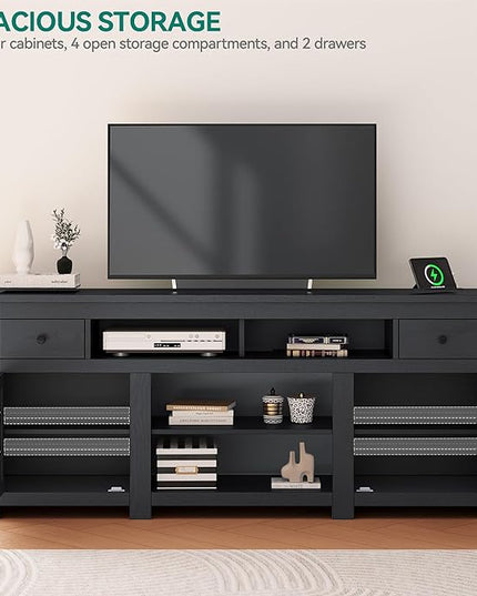 YITAHOME Farmhouse TV Stand, Entertainment Center with Power Outlet for TVs Up to 80 Inch, TV Console with Storage Drawer & Movable Partition, Rustic TV Stand for Living Room, 70" Black - LeafyLoom