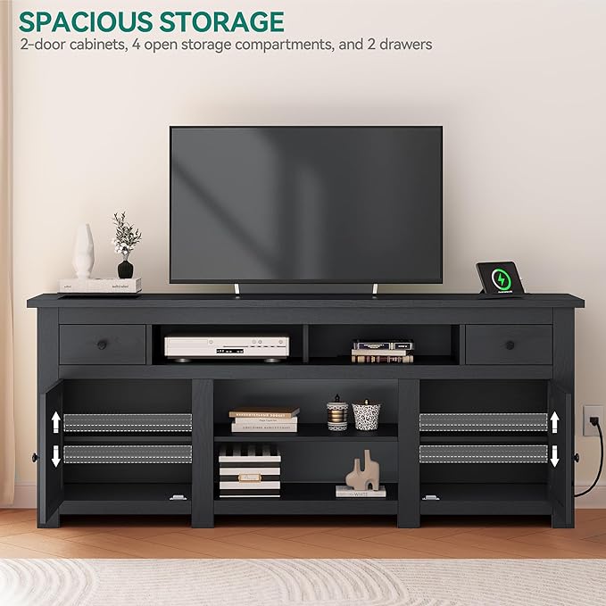 YITAHOME Farmhouse TV Stand, Entertainment Center with Power Outlet for TVs Up to 80 Inch, TV Console with Storage Drawer & Movable Partition, Rustic TV Stand for Living Room, 70" Black - LeafyLoom