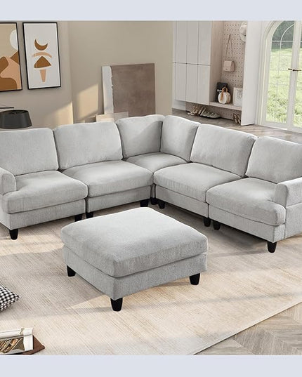 129.5" Modular Sectional Couch with Ottoman,6 Seat Chenille Corner Sofa with Seat Cushions Have a Built-in sSpring Pack,Multi-layered Plywood,for Living Room, Apartment, Bedroom, Office - LeafyLoom