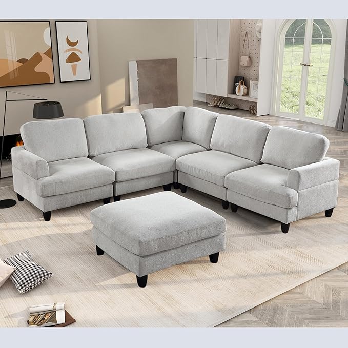 129.5" Modular Sectional Couch with Ottoman,6 Seat Chenille Corner Sofa with Seat Cushions Have a Built-in sSpring Pack,Multi-layered Plywood,for Living Room, Apartment, Bedroom, Office - LeafyLoom