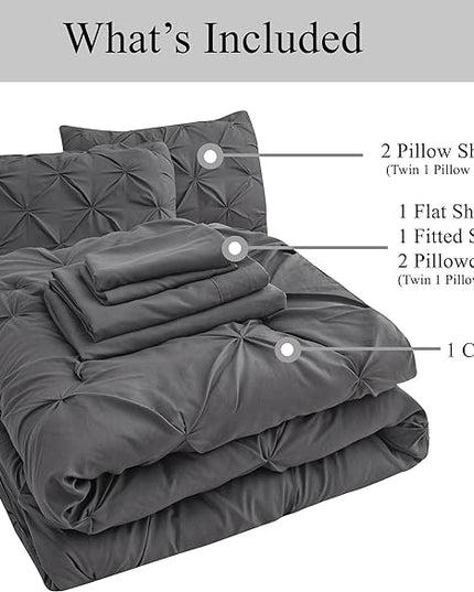 LANE LINEN King Size Comforter Set with Sheets, Pillowcases & Shams, 7 Piece Bed in a Bag Set King Size, Pintuck King Bed Comforter Set, Soft King Bedding Set, Pinch Pleated King Size Bed Set - Grey - LeafyLoom