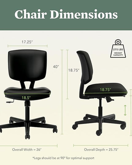 HON Volt Armless Task Seating, Computer Chair for Office Desk, Black SofThread Leather - LeafyLoom