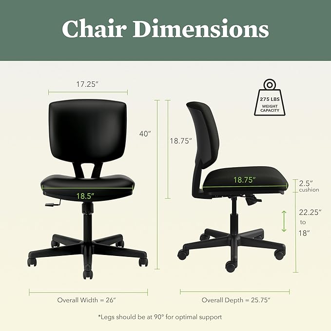 HON Volt Armless Task Seating, Computer Chair for Office Desk, Black SofThread Leather - LeafyLoom
