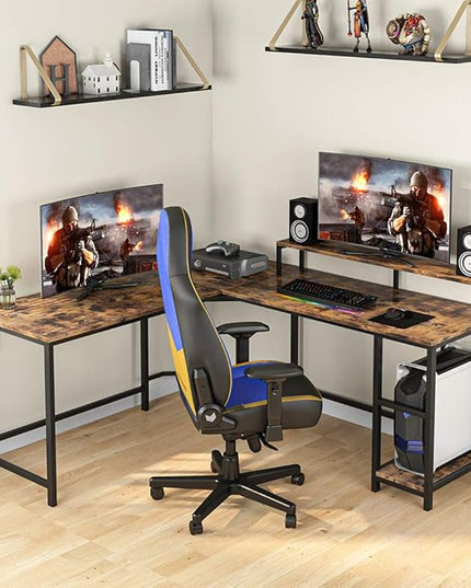 L-Shaped Computer Desk with Monitor Stand and Storage Shelves, Large Corner Desks for Home Office - LeafyLoom