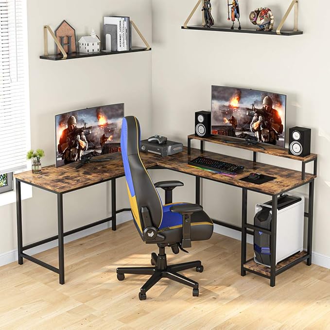 L-Shaped Computer Desk with Monitor Stand and Storage Shelves, Large Corner Desks for Home Office - LeafyLoom