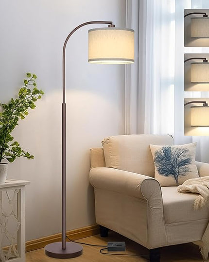 Boncoo Dimmable Floor Lamp, Arc Standing Lamp with Stepless Dimmer, Brown Floor Lamp with Adjustable Linen Beige Shade for Living Room Bedroom Study Room Office, 9W 3000K LED Bulb Included - LeafyLoom