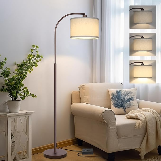Boncoo Dimmable Floor Lamp, Arc Standing Lamp with Stepless Dimmer, Brown Floor Lamp with Adjustable Linen Beige Shade for Living Room Bedroom Study Room Office, 9W 3000K LED Bulb Included - LeafyLoom
