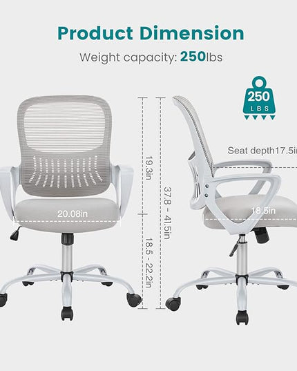SMUG Office Computer Desk Chair, Ergonomic Mid-Back Mesh Rolling Work Swivel Task Chairs with Wheels, Comfortable Lumbar Support, Comfy Arms for Home, Bedroom, Study, Dorm, Student, Adults, Grey - LeafyLoom