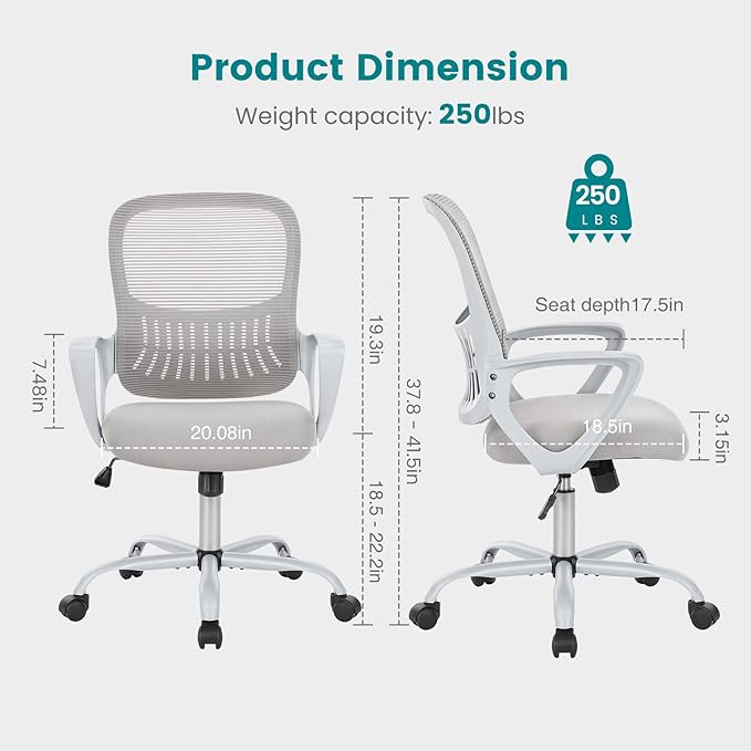 SMUG Office Computer Desk Chair, Ergonomic Mid-Back Mesh Rolling Work Swivel Task Chairs with Wheels, Comfortable Lumbar Support, Comfy Arms for Home, Bedroom, Study, Dorm, Student, Adults, Grey - LeafyLoom