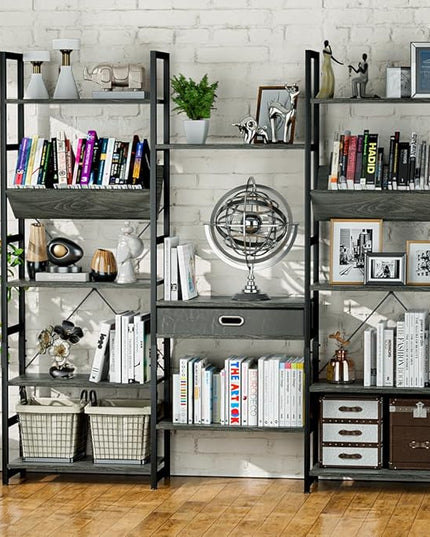 NUMENN Triple Wide 5 Tier Bookshelf, Adjustable Rustic Industrial Style Book Shelves, Modern Bookcases and Bookshelves Furniture for Bedroom, Living Room and Home Office, Dark Grey - LeafyLoom