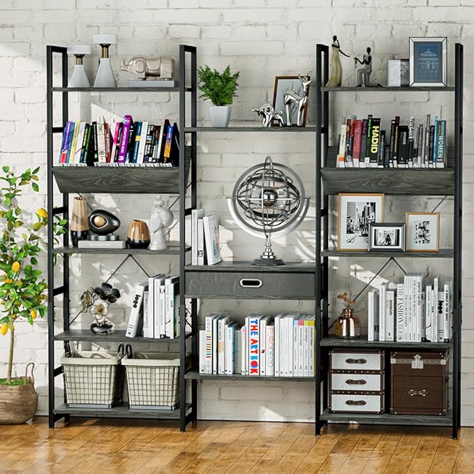 NUMENN Triple Wide 5 Tier Bookshelf, Adjustable Rustic Industrial Style Book Shelves, Modern Bookcases and Bookshelves Furniture for Bedroom, Living Room and Home Office, Dark Grey - LeafyLoom