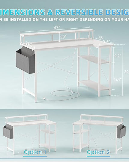 L Shaped Gaming Desk with Power Outlets, 47 Inch Computer Desk with LED Lights and Reversible Shelves, Corner Desk Work Desk for Home Office Bedroom, White - LeafyLoom