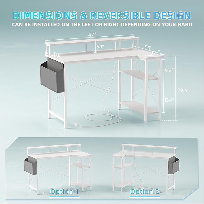 L Shaped Gaming Desk with Power Outlets, 47 Inch Computer Desk with LED Lights and Reversible Shelves, Corner Desk Work Desk for Home Office Bedroom, White - LeafyLoom