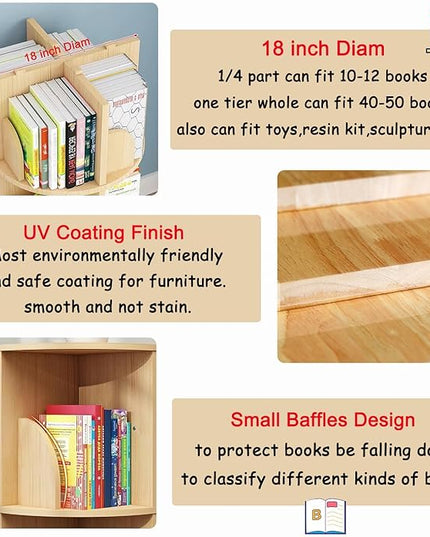 Gdrasuya10 2 Tier Rotating Bookshelf with Legs, Small Rotating Bookshelf Wood Revolving Bookcase Book Organizer Book Display Shelves Storage for Living Room Bedroom Study Room - LeafyLoom