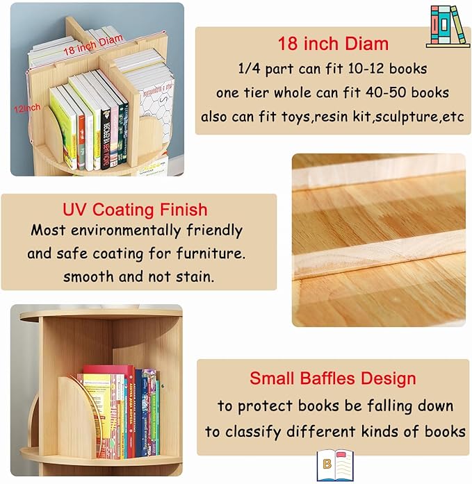 Gdrasuya10 2 Tier Rotating Bookshelf with Legs, Small Rotating Bookshelf Wood Revolving Bookcase Book Organizer Book Display Shelves Storage for Living Room Bedroom Study Room - LeafyLoom