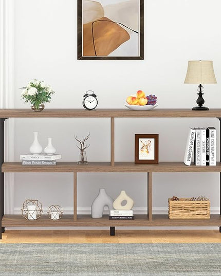 IBF 5 Cube Storage Organizer, Industrial Low Horizontal Bookshelf, Modern Wide Wood and Metal Bookcase with Book Storage, Short Open Cubby Book Shelf for Office Bedroom Living Room, Rustic Oak, 47 in - LeafyLoom