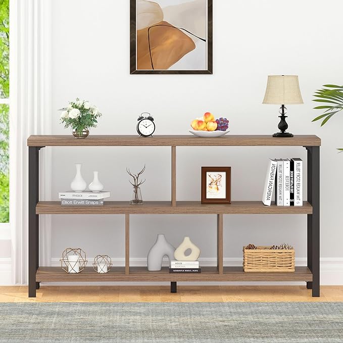 IBF 5 Cube Storage Organizer, Industrial Low Horizontal Bookshelf, Modern Wide Wood and Metal Bookcase with Book Storage, Short Open Cubby Book Shelf for Office Bedroom Living Room, Rustic Oak, 47 in - LeafyLoom