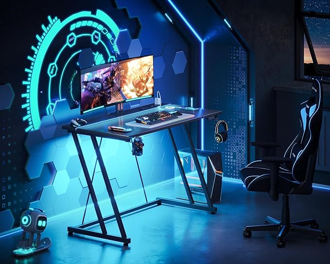 MOTPK Small Gaming Desk with LED Lights & Power Outlet, Computer Desk 39inch for Small Space, Cheap Gaming Table with Carbon Fiber Texture, Kids Desk Gift for Boys Men, Black - LeafyLoom