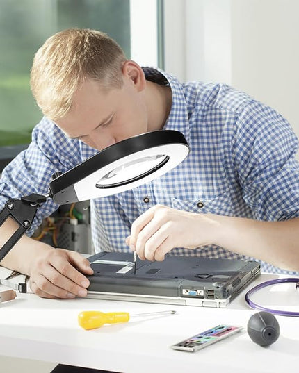 Magnifying Glass with Light and Stand & Clamp, Magnifying Desk Lamp with LED Lighted 5X Magnifier, Dual Fixtures, Upgraded Switch, for Hobby Craft Repair Reading Precision Work - LeafyLoom