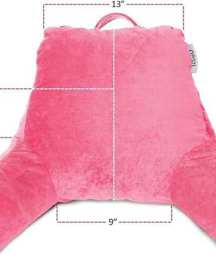 Clara Clark Reading Pillow for Kids, Small Back Pillow for Sitting Up in Bed, Memory Foam Back Support Pillow, Reading Pillows for Sitting in Bed, Light Pink Gaming Pillow with Arms and Pockets - LeafyLoom