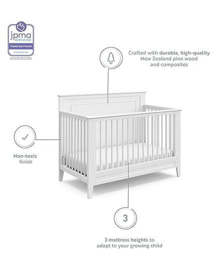 Storkcraft Solstice 5-In-1 Convertible Crib (White) – GREENGUARD Gold Certified, Converts to Toddler Bed and Full-Size Bed, Fits Standard Full-Size Crib Mattress, Adjustable Mattress Support Base - LeafyLoom