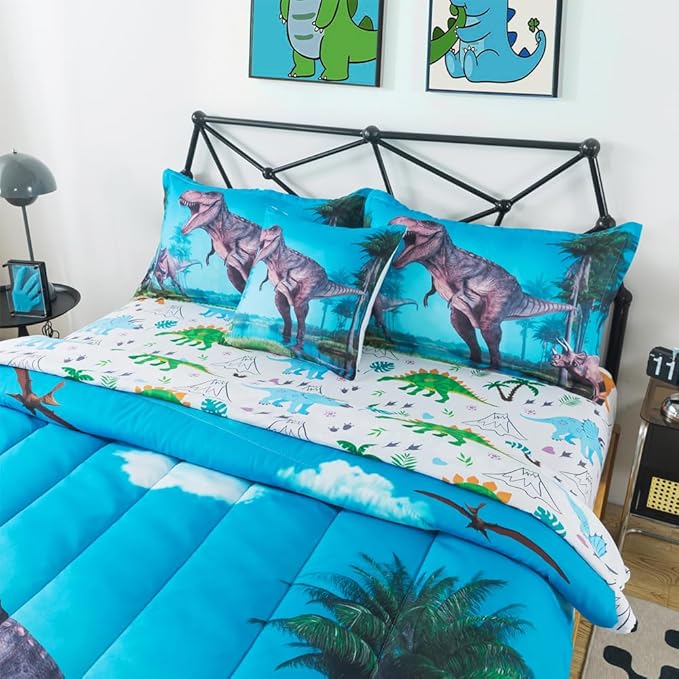 ADASMILE A & S Dinosaur Comforter Twin for Boys Dinosaur Twin Bedding Set for Kids 6 Pieces Dinosaur Comforter Set with Dinosaur Sheets Bed in A Bag T-Rex Dinosaur Comforter and Sheets Set Home Decor - LeafyLoom