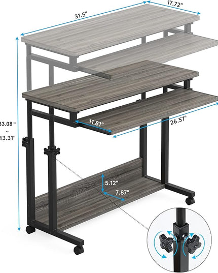 Tribesigns Portable Desk for Sofa and Bed, Height Adjustable Mobile Laptop Table Small Standing Desk Rolling Computer Cart with Keyboard Tray on Wheels for Home Office (Grey) - LeafyLoom