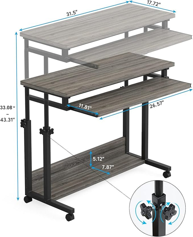 Tribesigns Portable Desk for Sofa and Bed, Height Adjustable Mobile Laptop Table Small Standing Desk Rolling Computer Cart with Keyboard Tray on Wheels for Home Office (Grey) - LeafyLoom
