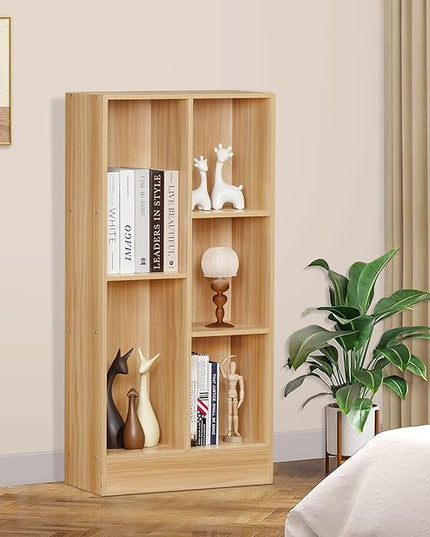 LEYAOYAO 5 Cube Mid-Century Modern Natural Wood Bookshelf with Base, 3 Tier Storage Organizer Shelf, Rustic Wood Display Cabinet for Bedroom, Living Room, Office - LeafyLoom