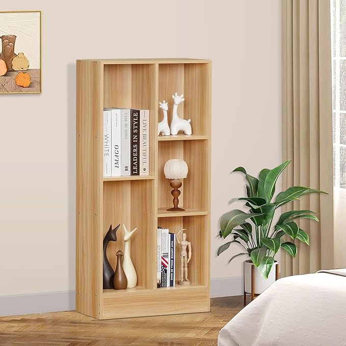 LEYAOYAO 5 Cube Mid-Century Modern Natural Wood Bookshelf with Base, 3 Tier Storage Organizer Shelf, Rustic Wood Display Cabinet for Bedroom, Living Room, Office - LeafyLoom