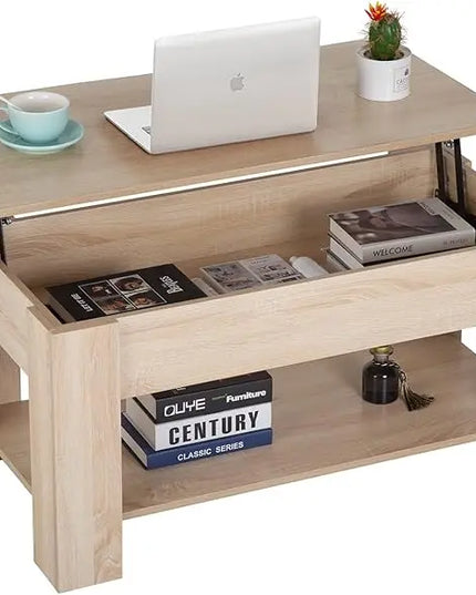 FDW Lift Top Coffee Table with Hidden Compartment and Storage Shelf Wooden Lift Tabletop for Home Living Room Reception Room Office (Natural) - LeafyLoom